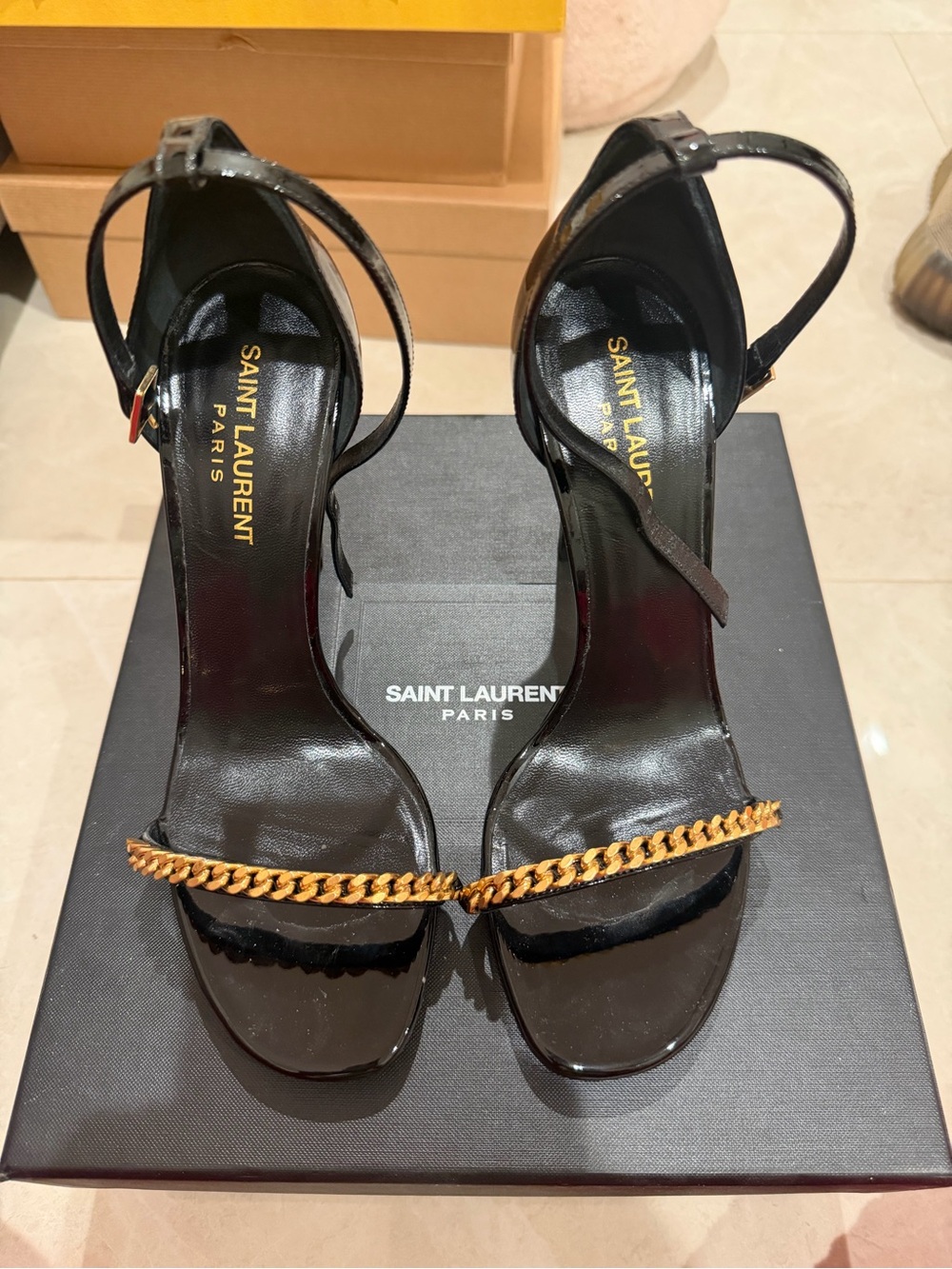 Yves Saint Laurent Black Patent Leather Chain-Trim Ankle-Strap Heels